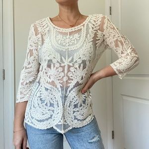 Cotton Embroidery Mesh 3/4 Sleeve Sheer Top